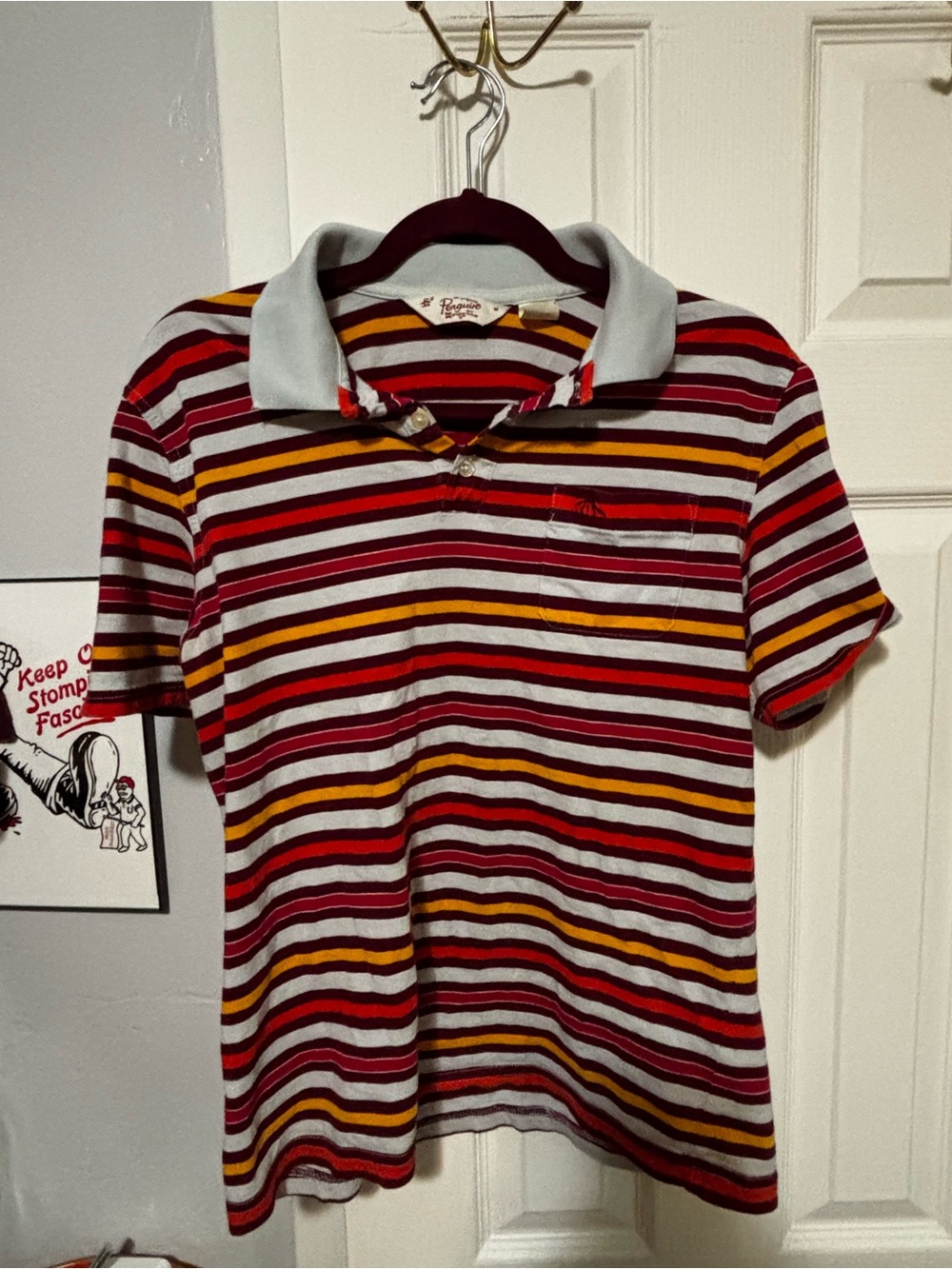 Original Penguin Men's Striped Polo in Red, Yellow, White, and Black